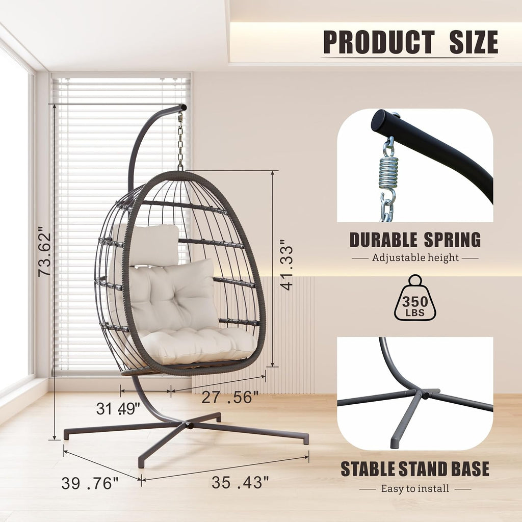 HWB Hanging Egg Chair with Stand, Swing Hammock Chair with Cushion for Indoor Outdoor, Patio Wicker Egg Swing Chair for Balcony Furniture, White