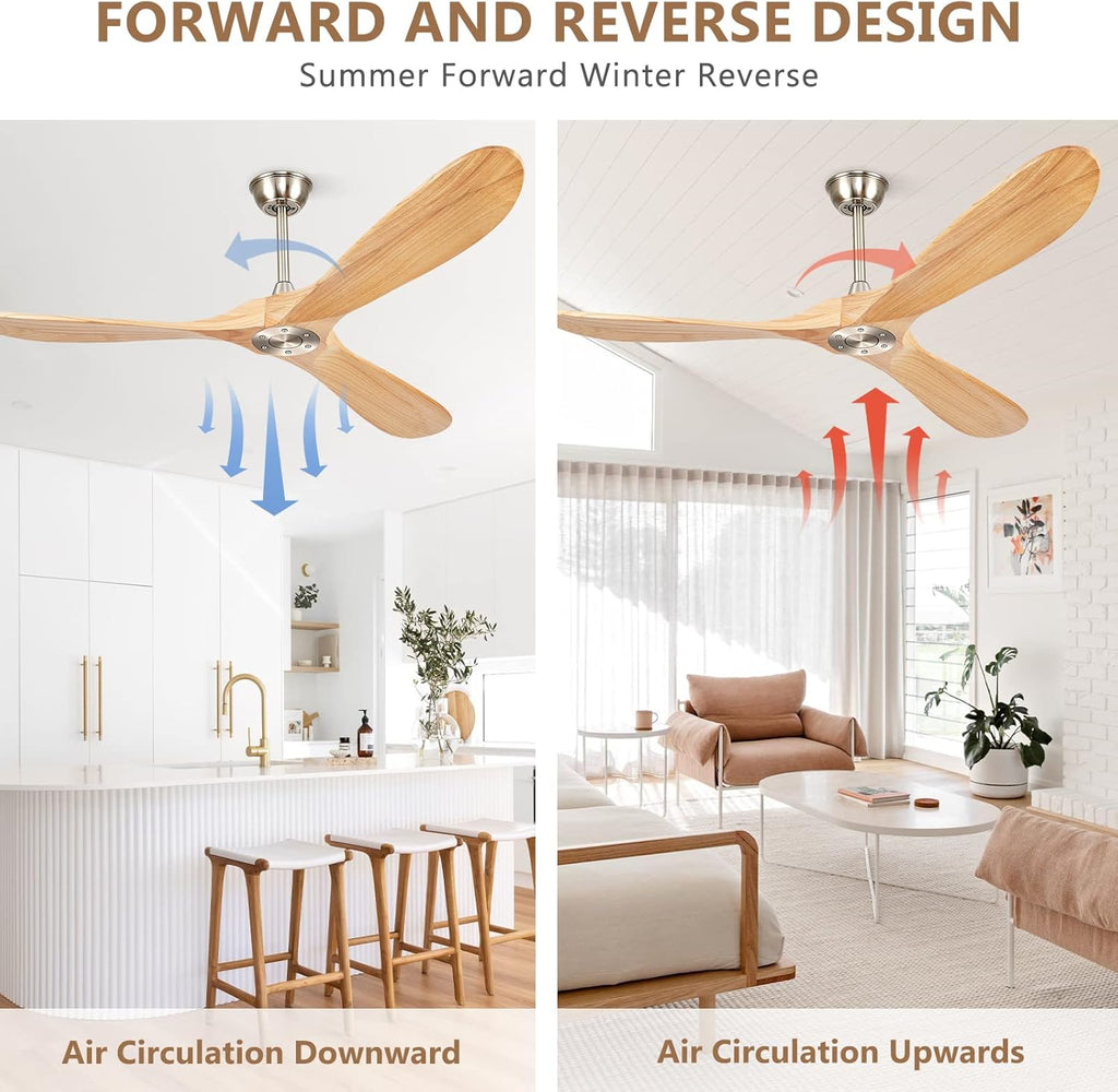 52' Ceiling Fans Without Lights, Solid Wood Ceiling Fan with Remote Control No Light, Modern Ceiling Fan with 3 Blades, Indoor Outdoor Ceiling Fans for Patios, Gazebo(Nature Wood)