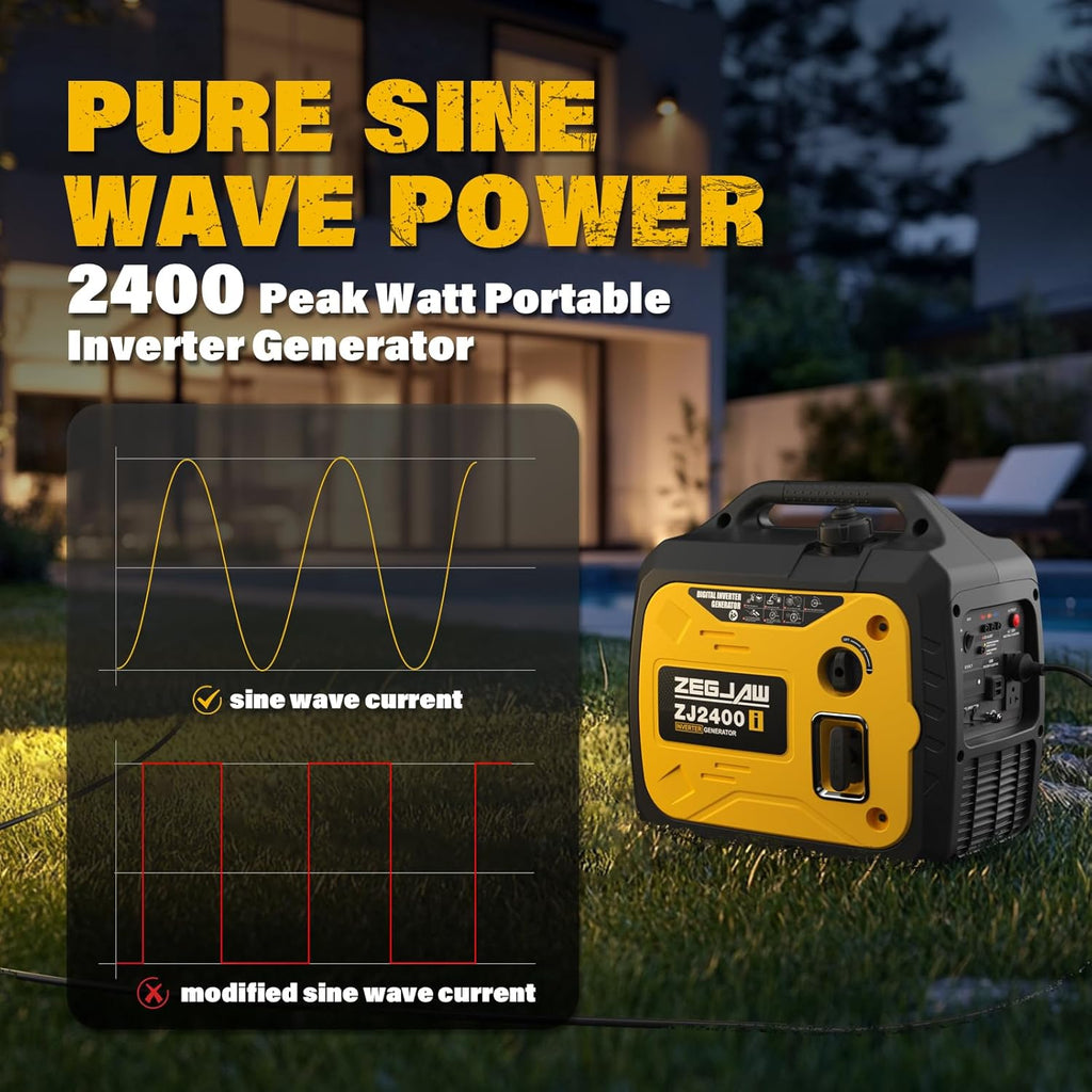ZEGJAW 2400-Watt Portable Inverter Generator, EPA Compliant, CO-Sensor, Eco-Mode Feature, Lightweight & Quiet Gas Powered Generators for Home Use