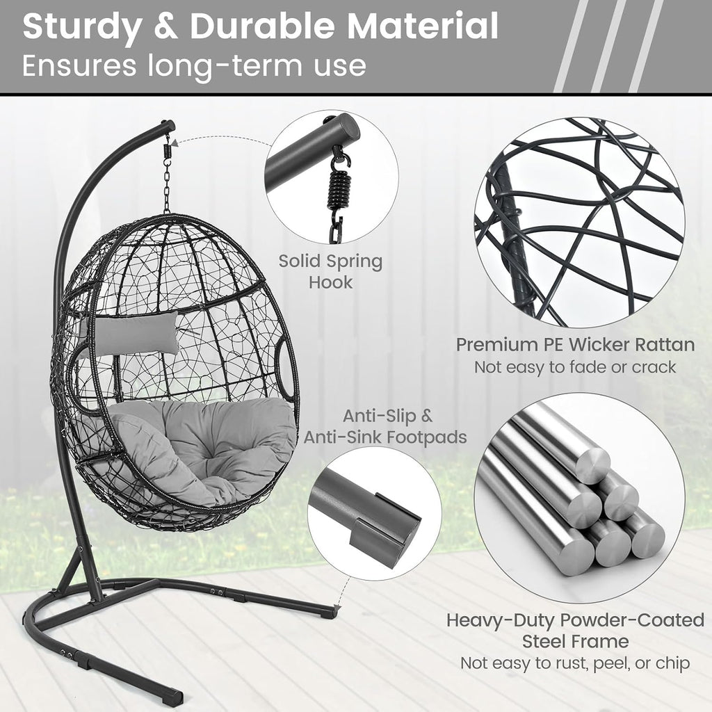Tangkula Egg Chair with Stand, Hanging Egg Swing Chair with Removable Seat Cushion & Headrest, All-Weather Indoor Outdoor Hanging PE Wicker Egg Chairs for Outside, Balcony, Bedroom (Grey)