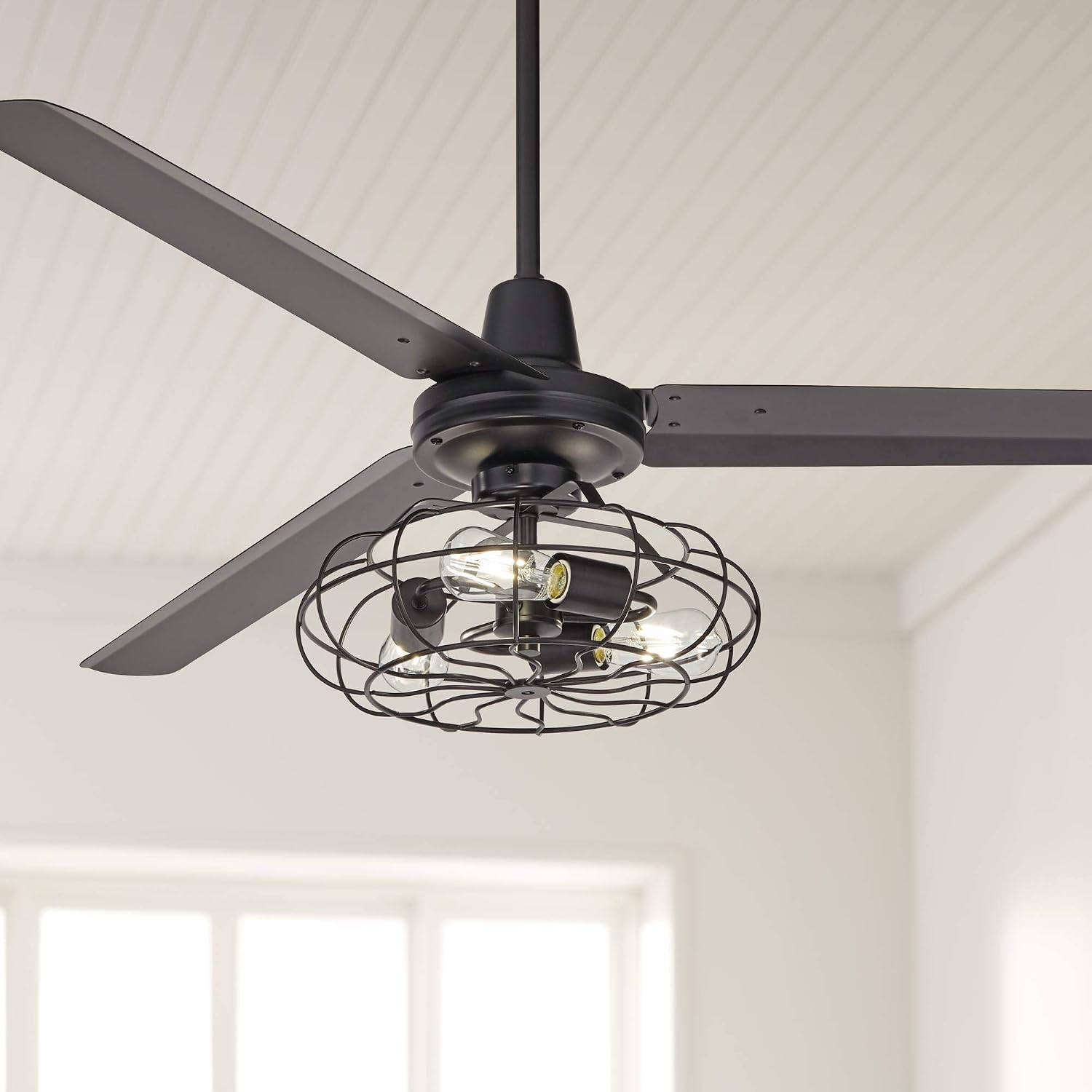 Casa Vieja 60' Turbina Modern Industrial 3 Blade Indoor Outdoor Ceiling Fan with LED 3-Light Remote Control Matte Black Cage Damp Rated for Patio Exterior House Porch Gazebo Garage Barn