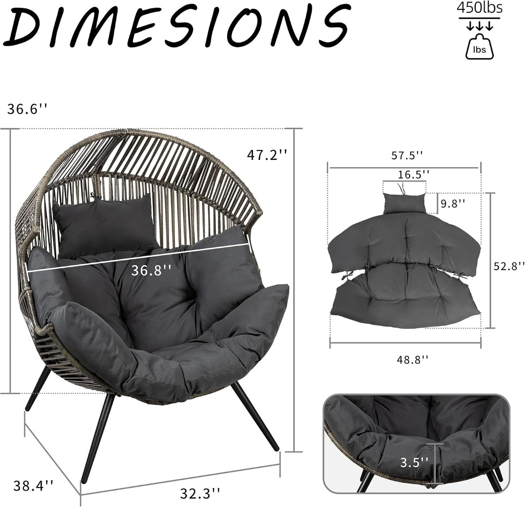 Shintenchi Wicker Egg Chair Outdoor Rattan Patio Chair with Cushion,Oversized Patio Lounge Chairs with Cushion Egg Basket Chair, Egg Seat for Indoor Living Room Bedroom Outside,Grey