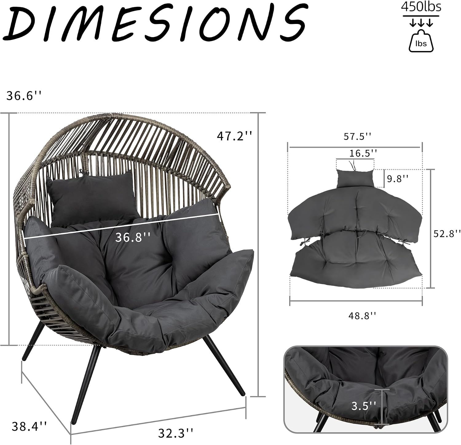Shintenchi Wicker Egg Chair Outdoor Rattan Patio Chair with Cushion,Oversized Patio Lounge Chairs with Cushion Egg Basket Chair, Egg Seat for Indoor Living Room Bedroom Outside,Grey