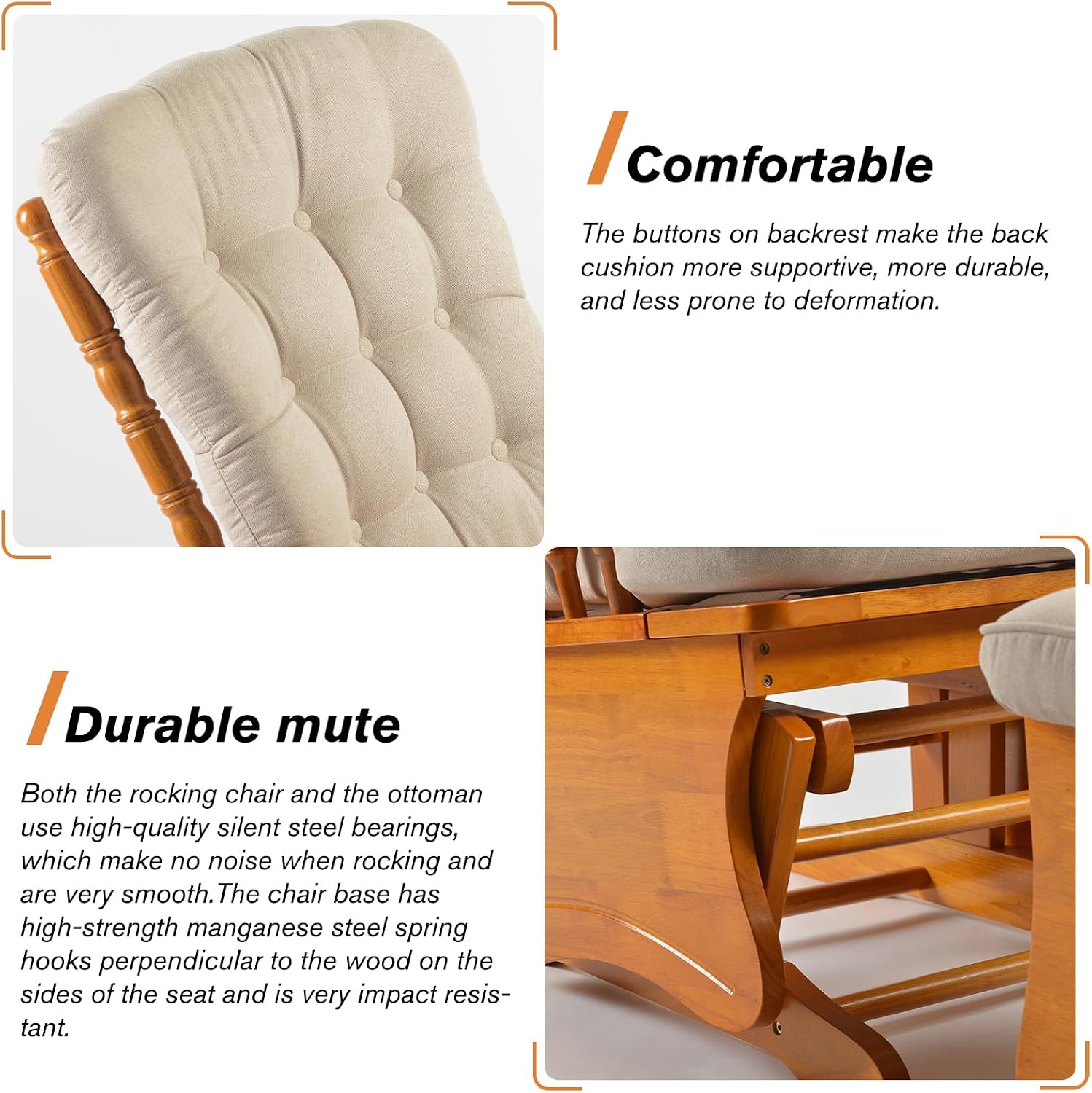 Anti-Pinch Solid Wood Hand Glider Rocking Chair Set with Ottoman, with Padded Cushion, Rustic Rubber Wood Nursery Glider for Nursing, Relaxing, Living Room, Bedroom, Honey Colored