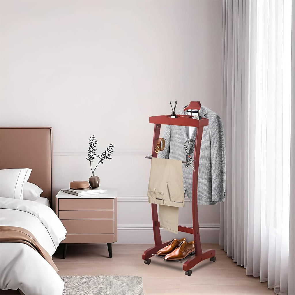 Wooden Suit Valet Stand, with Wheels mobile Floor Standing Suit Coat Stand With Contour Hanger Trouser Bar And Top Storage Tray, Freestanding Valet Stand for Men Women Office Living Room Wine red