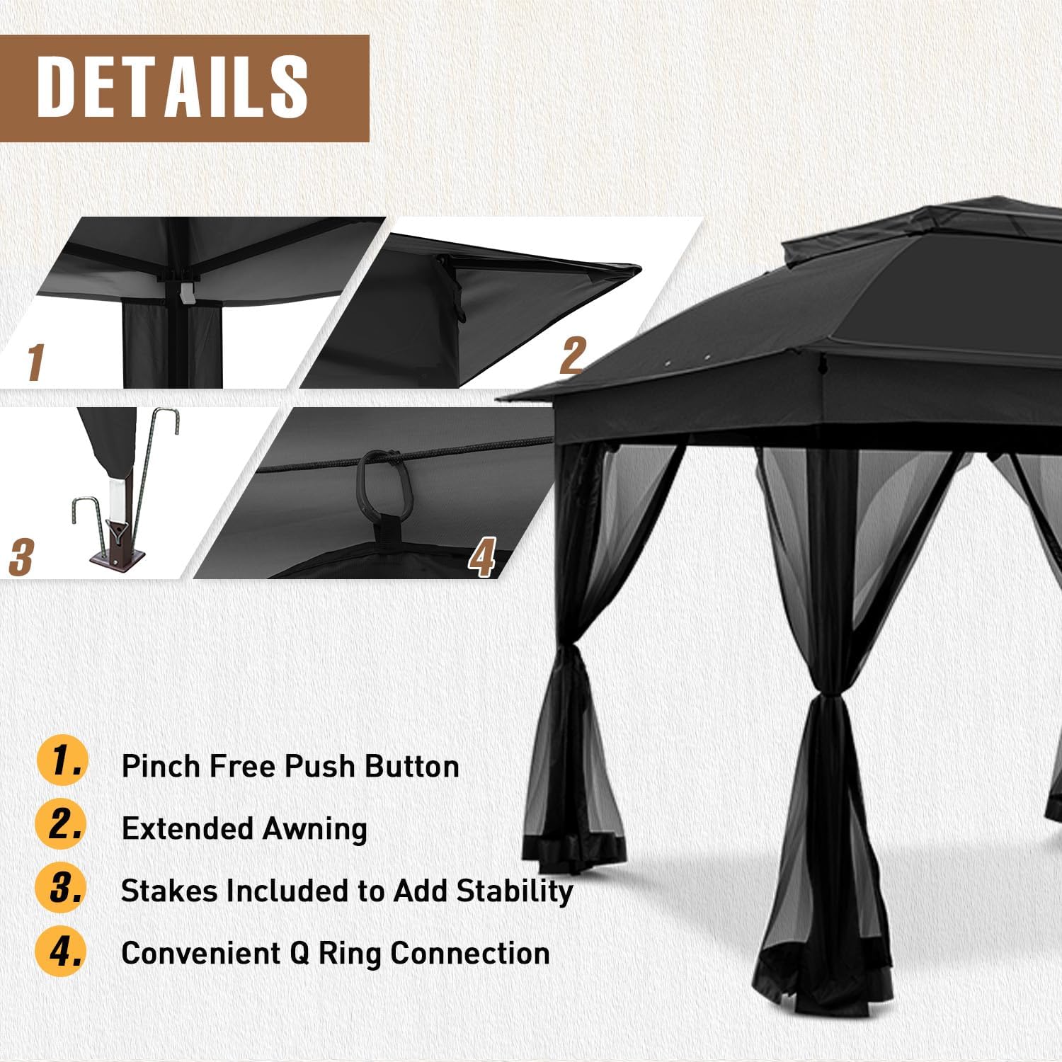 11x11 Pop Up Gazebo Tent with Mesh Netting, Instant Outdoor Canopy with UPF 50+ UV Protection, Water Resistant, Black