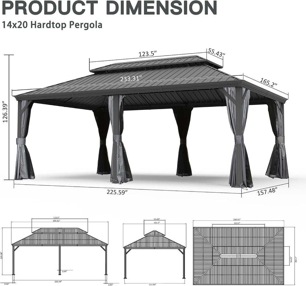 GOWE 14' X 20' Hardtop Gazebo, Upgraded Metal Gazebo with Drainage System, Dual-Layer Galvanized Steel Roof, Curtain and Netting, Outdoor Shelter Canopy for Patio, Garden, and Backyard, Grey