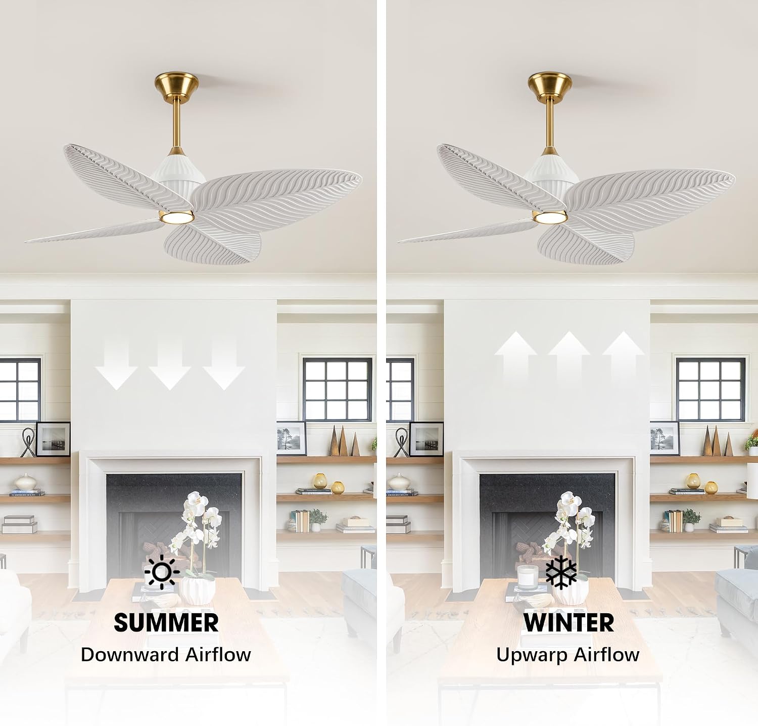 52' Tropical Ceiling Fans with Lights, Indoor Palm Leaf Ceiling Fan with Light and Remote for Living Room Bedroom, ABS Blades, Dimmable LED Lights, 6 Speeds, Adjustable Height-White Gold