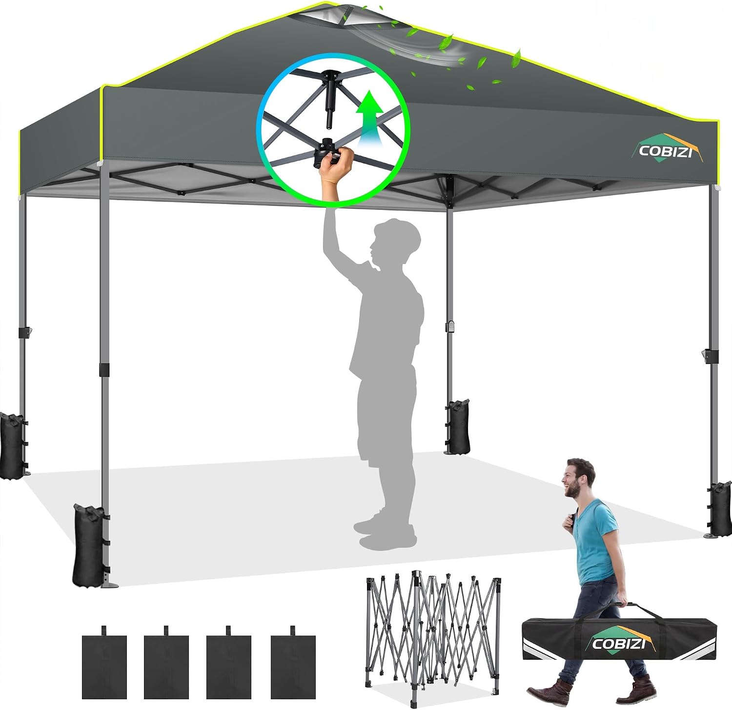 COBIZI Canopy 10x10 Pop Up Canopy Tent 1-Button Push Easy up Outdoor Canopy Instant Portable Commercial Shelter Waterproof UPF50+ Gazebo with Reflective Strip, Air Vent & 4 Sandbags,Grey