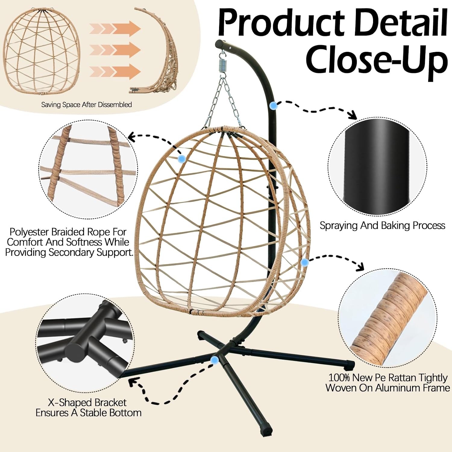 Hanging Egg Chair Swing with Stand, Hanging Chair, Webbing & PE Rattan Weaving, Thickened UV Resistant Cushion & Alloy Steel Frame, for Patio Bedroom Balcony (YH)