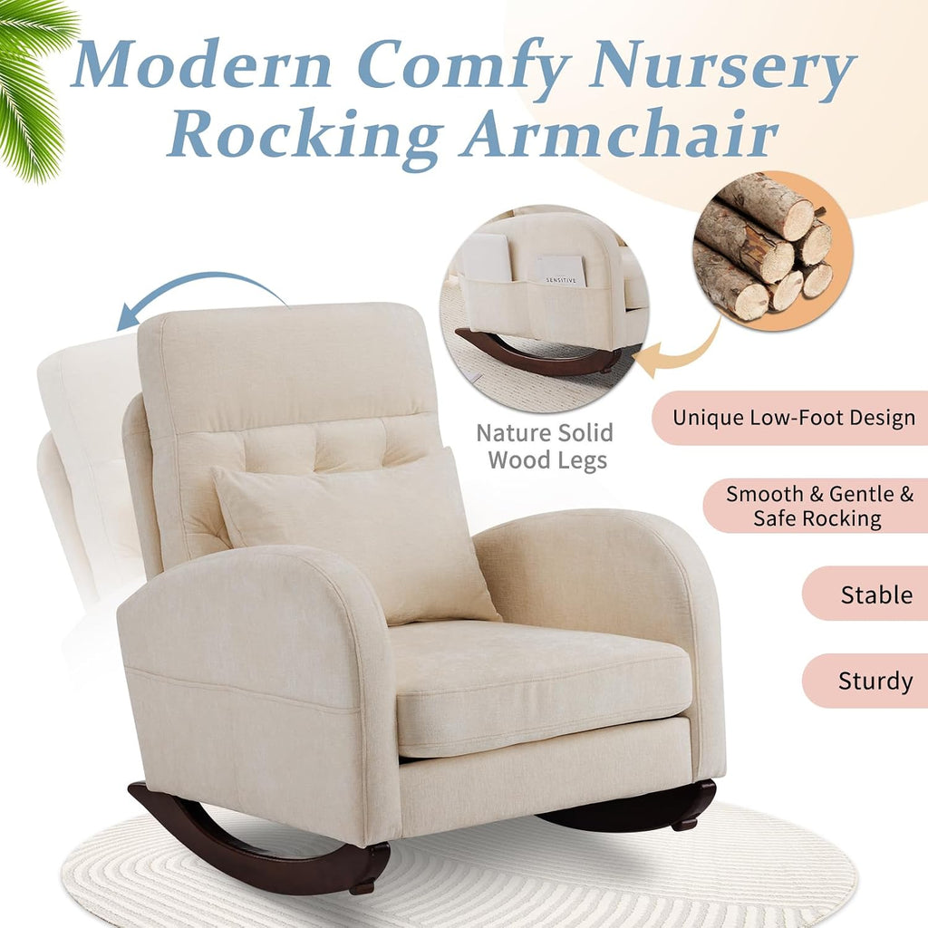 VINGLI Chenille Low Seat Rocking Chair,Upholstered Nursery Glider Chair with Side Pockets,Accent Arm Chair with High Backrest,Comfy Head Rest, and Solid Wood Base For Living Room Bedroom Balcony,Beige