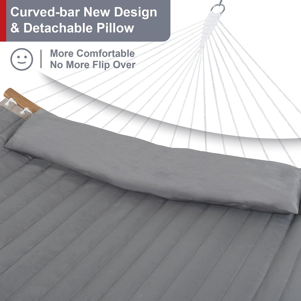 Outdoor Hammock with Stand Included, Heavy Duty Hammock with Curved Spreader Bar, Pillow and Portable Bag, 450 Lbs Capacity, Grey