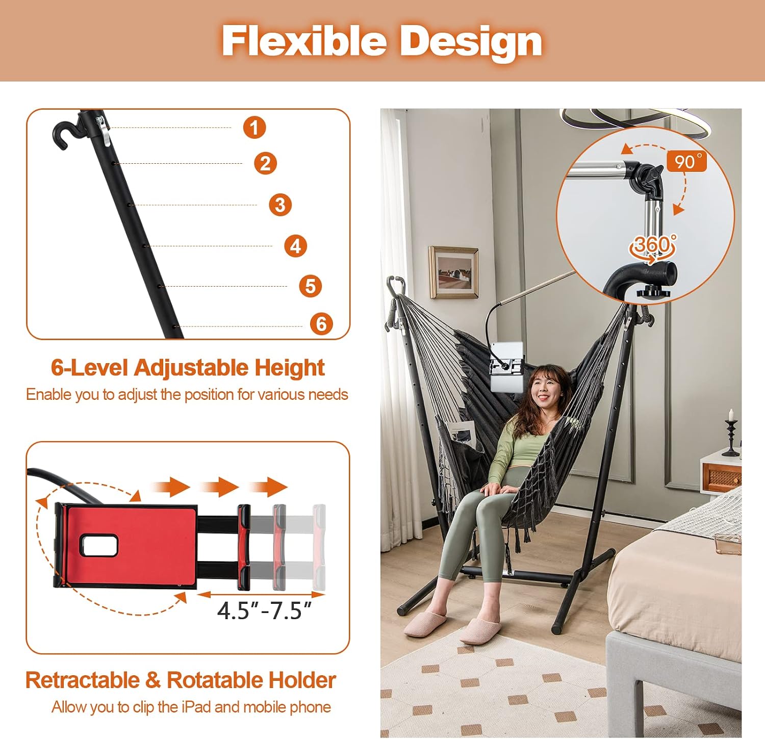 Giantex Hanging Swing with Stand - Hammock Chair with Phone Holder, Pillow, Storage Pocket, Carrying Bag, 6 Adjustable Height, Heavy Duty Metal Hammock for Patio Garden Yard, 550 lbs Capacity