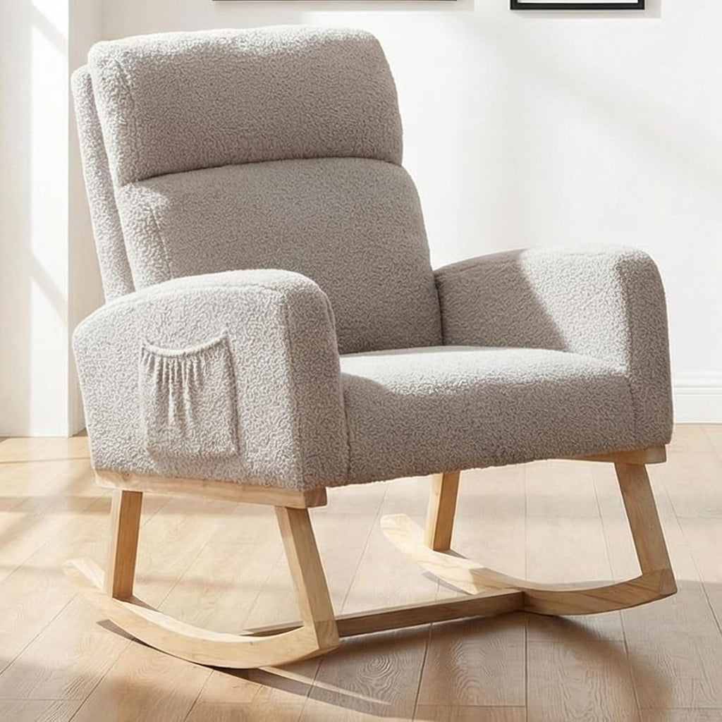 Rocking Chair Nursery, Nursery Rocker Chairs for Mom with High Backrest and Solid Wood Legs, Teddy Modern Glider Chairs for Nursing Living Room Bedroom, Light Grey