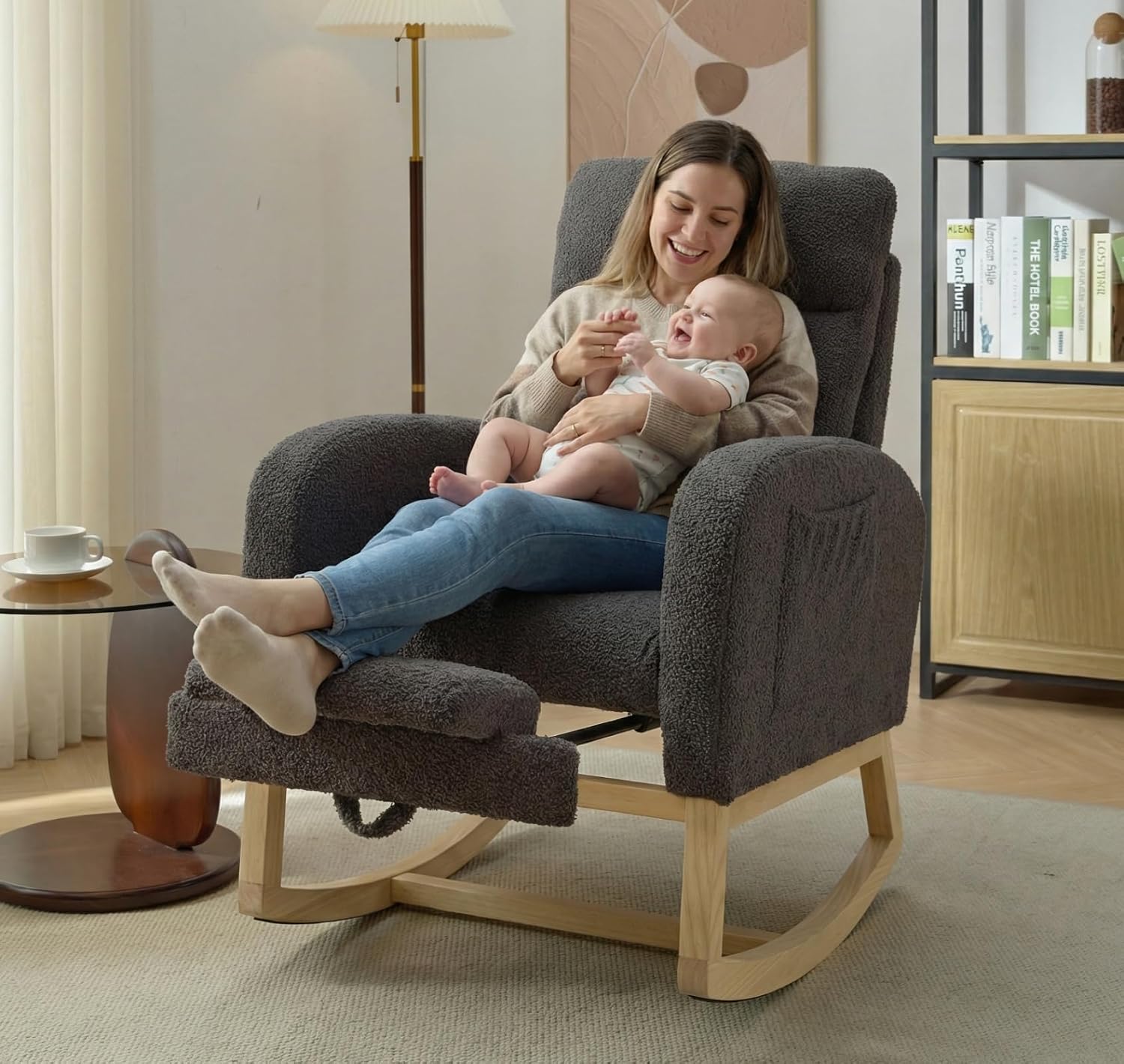 NIOIIKIT Modern Nursery Rocking Chair, Teddy Upholstered Rocking Chair with Footrest, Comfortable Rocker Chair with Side Pocket, Rocker Chair for Living Room, Bedroom, Nursing Room (Grey)