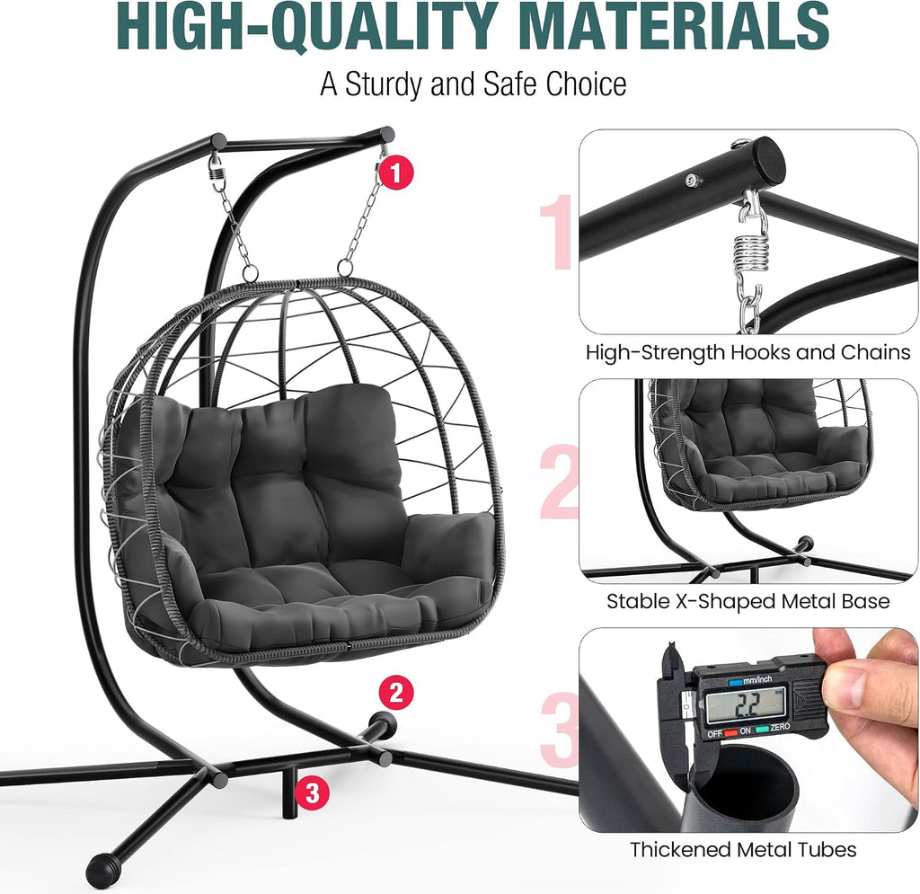 Pamapic Double Egg Chair wth Stand, 700 LBS Loveseat Rattan Swing Chair, UV Resistant Cushions with Armrests and Headrest, Thick Steel Frame Hammock Swing for Outdoor, Patio, Indoor(Grey)