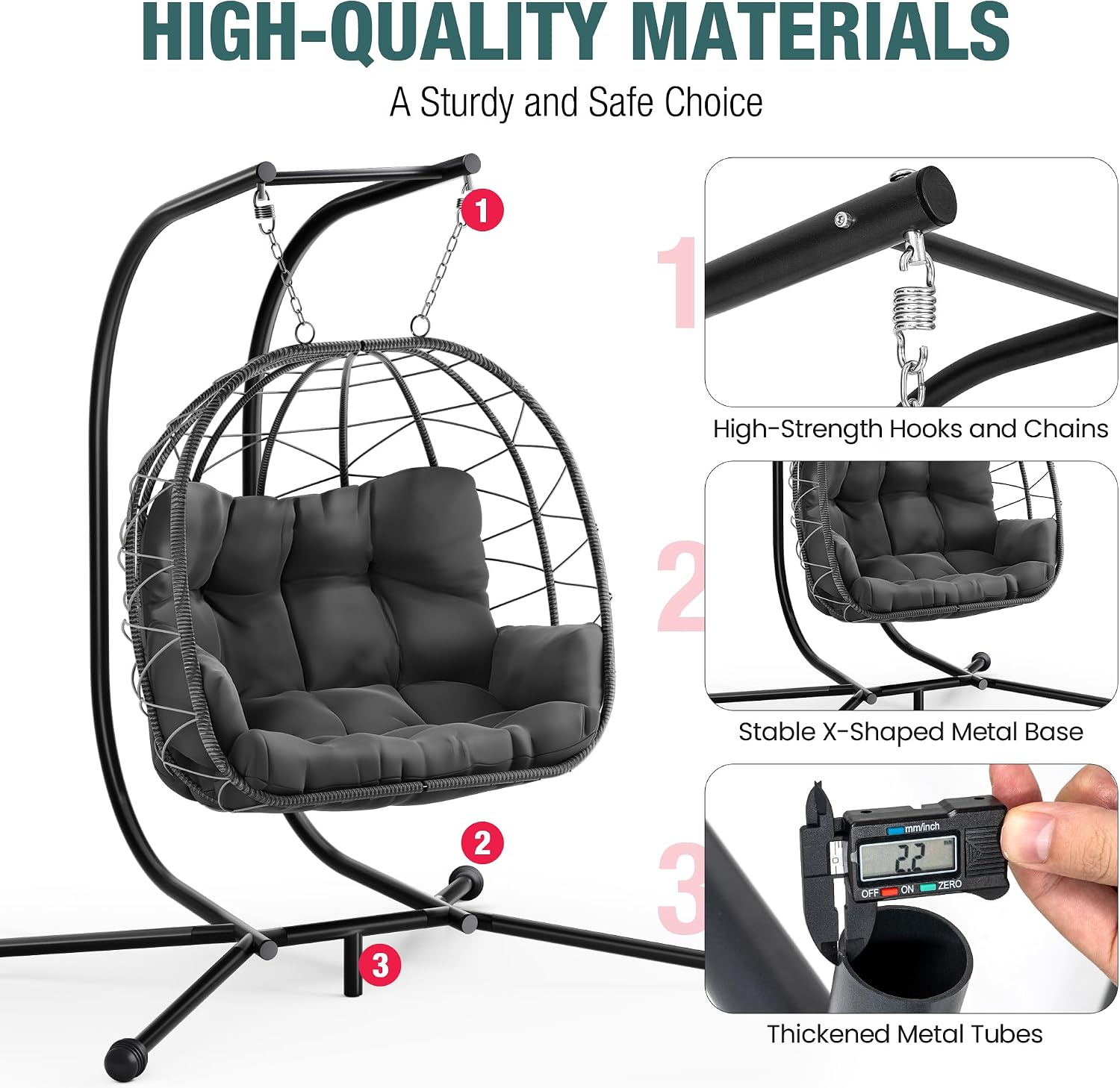 Pamapic Double Egg Chair wth Stand, 700 LBS Loveseat Rattan Swing Chair, UV Resistant Cushions with Armrests and Headrest, Thick Steel Frame Hammock Swing for Outdoor, Patio, Indoor(Grey)
