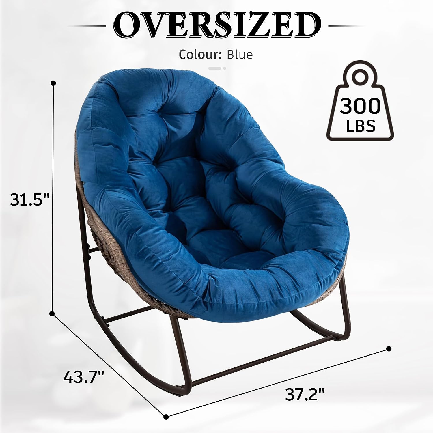 Large Indoor Outdoor Rocking Chair, Oversized Rocking Papasan Chair with Thick Cushion and Frame Outdoor Rocker, Comfy Wicker Egg Chairs Lounge for Outside Porch Patio Backyard Balcony (Blue)