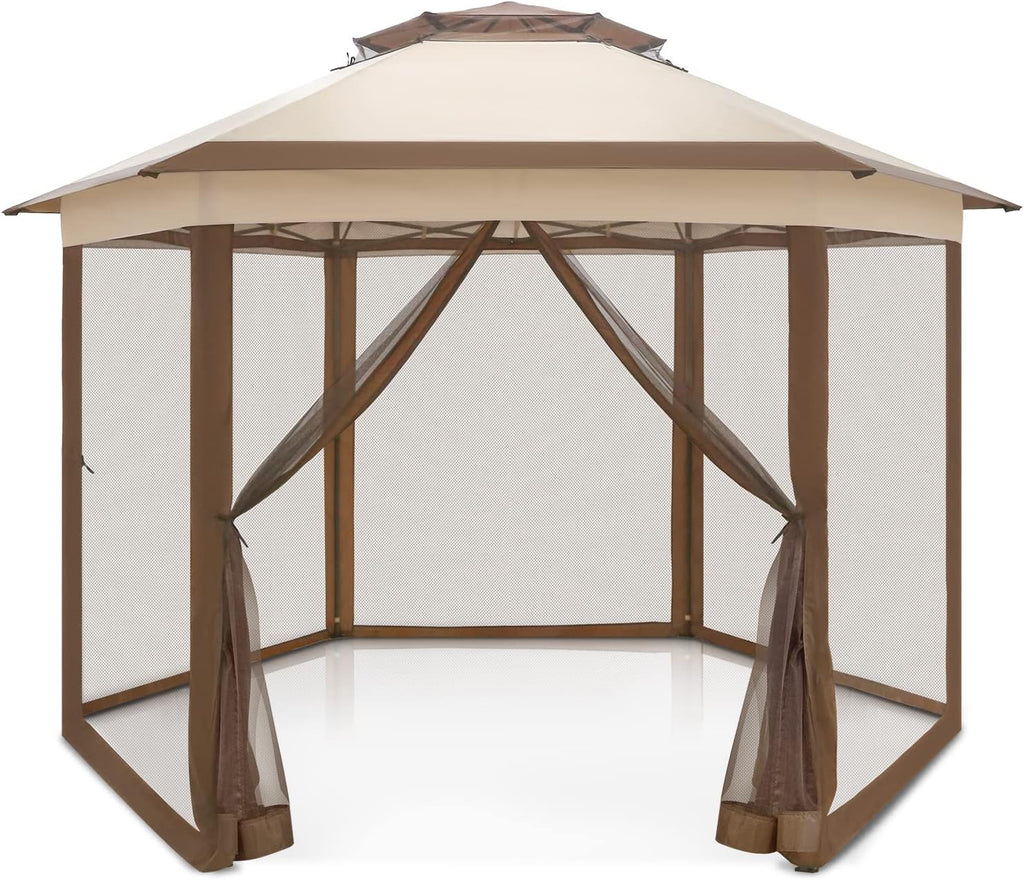 EAGLE PEAK 6-Sided Outdoor Camping Pop Up Gazebo w/Screen Netting, 13x13 Double-Tier Hexagonal Outdoor Canopy Tent for Patio, Garden, Party, Backyard, Beige