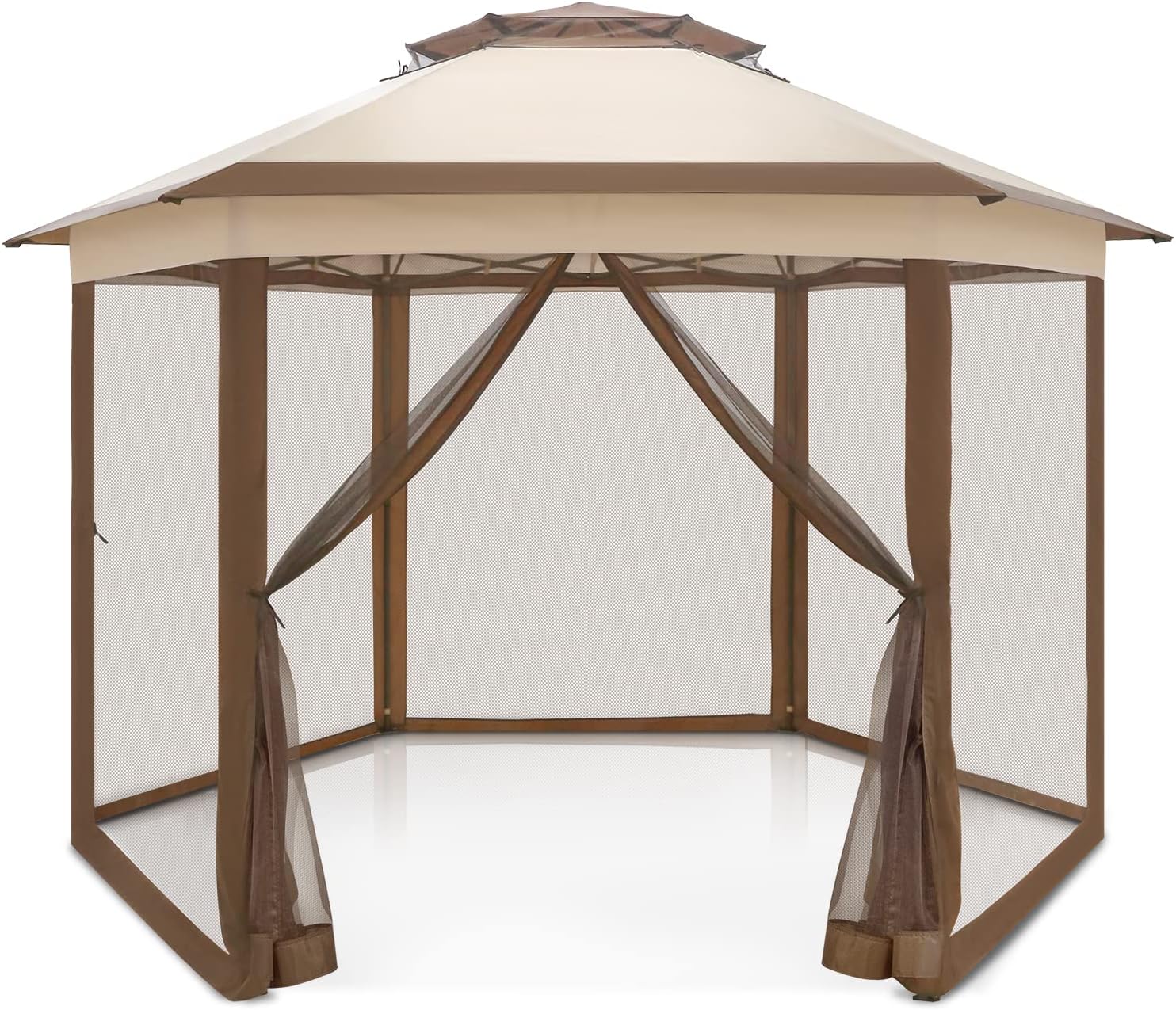 EAGLE PEAK 6-Sided Outdoor Camping Pop Up Gazebo w/Screen Netting, 13x13 Double-Tier Hexagonal Outdoor Canopy Tent for Patio, Garden, Party, Backyard, Beige