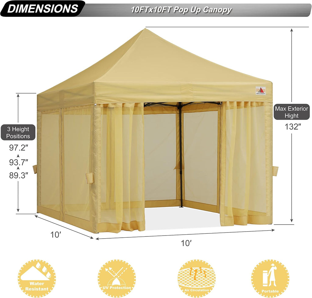 ABCCANOPY 10x10 Easy Pop Up Gazebo Canopy Tent Instant Outdoor Screen House with Netting Walls, Beige