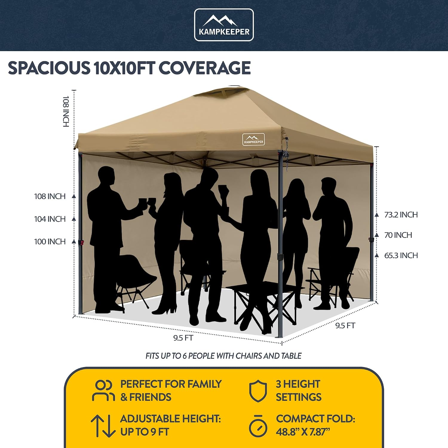KAMPKEEPER 10x10 Pop-Up Canopy Tent, Waterproof, Portable Shade with Side Walls, Adjustable Instant Outdoor Shelter for Camping, Backyard, and Events, Khaki