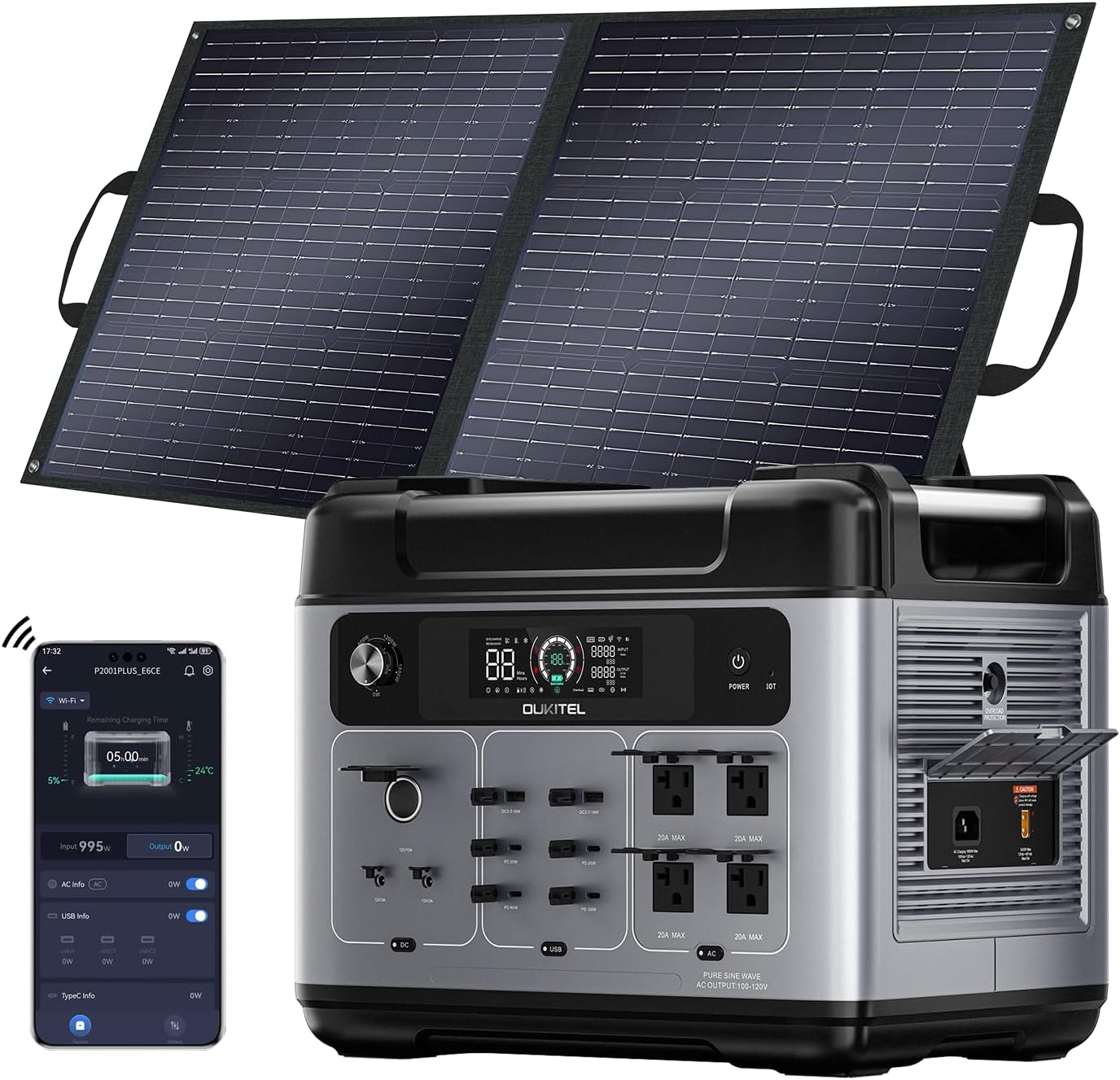 OUKITEL P2001 Plus 2400W Solar Generator with 100W Solar Panel, 2048Wh Solar Power Station with 4 AC Outlets(5000W Peak), 1.5H Full Charging, APP Control Battery Backup for Home, Camping & RVs