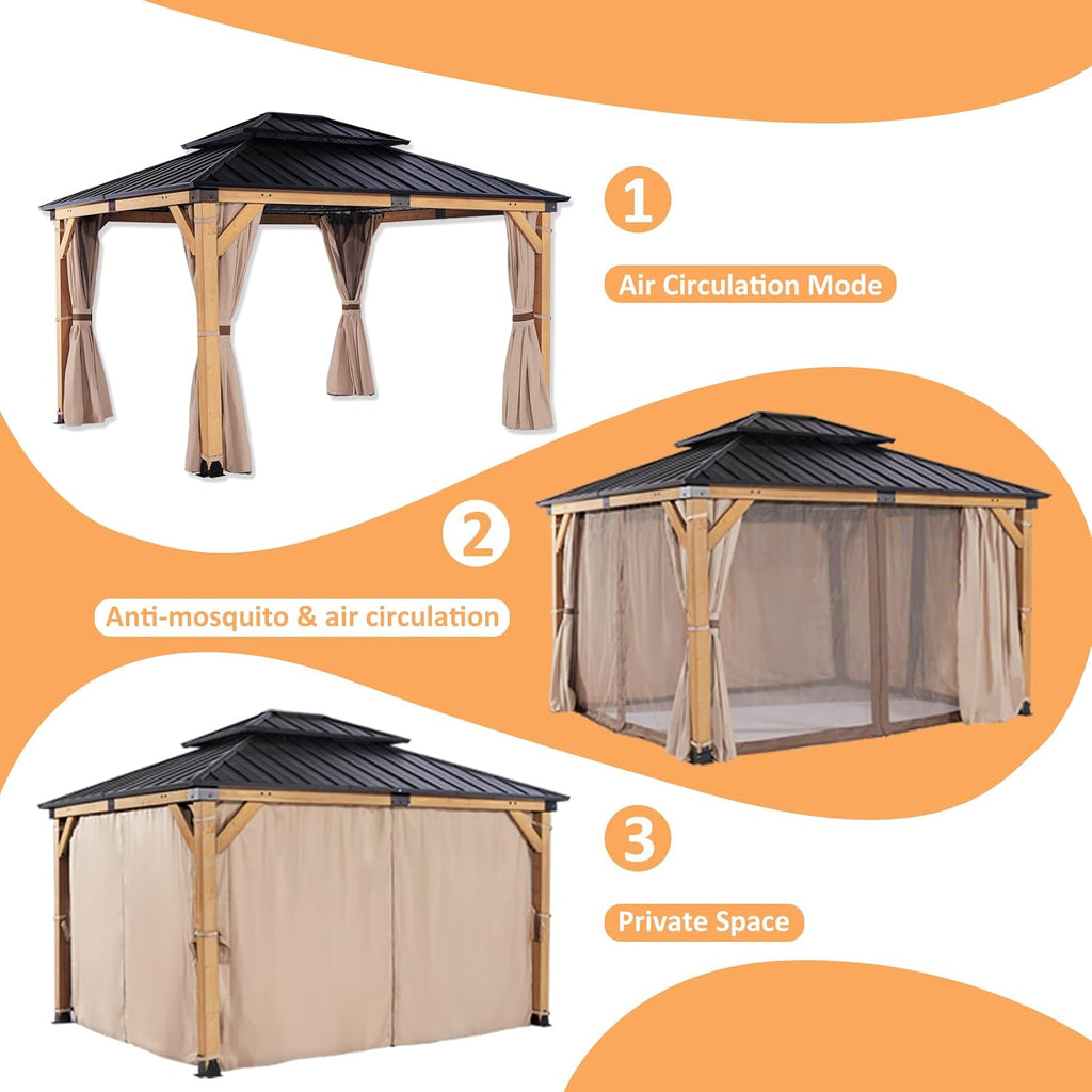 CHARMELEON 10x12 FT Cedar Wood Gazebo,Hardtop Wooden Gazebo with 4.6in Thickened Posts&High Load-Bearing Roof & Waterproof Curtains/High-Density Netting for Outdoor, Patio, Backyard-Natural