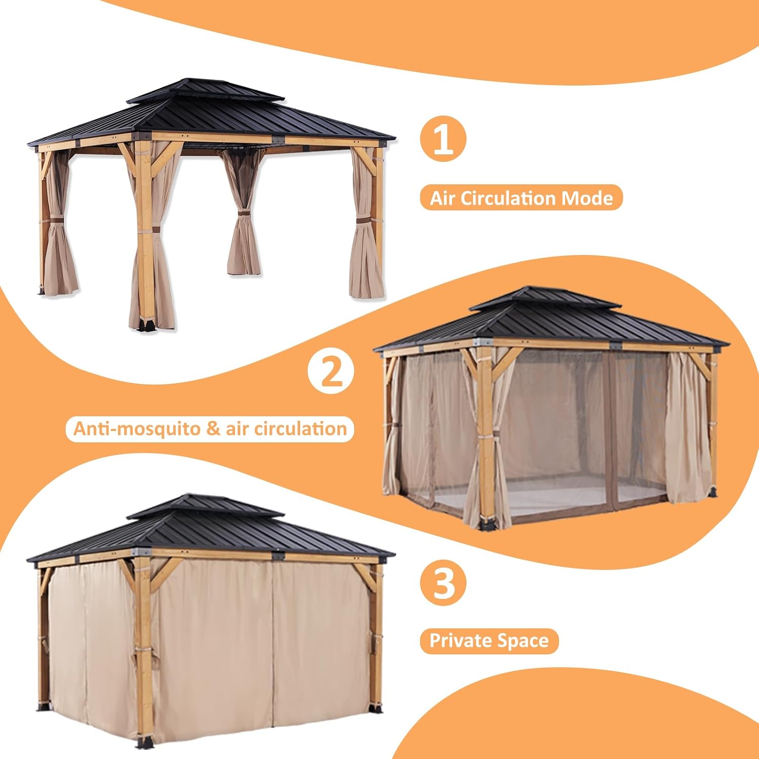 CHARMELEON 10x12 FT Cedar Wood Gazebo,Hardtop Wooden Gazebo with 4.6in Thickened Posts&High Load-Bearing Roof & Waterproof Curtains/High-Density Netting for Outdoor, Patio, Backyard-Natural