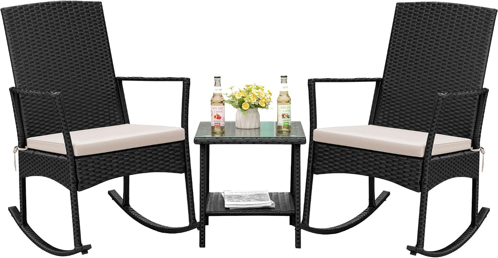 Flamaker Rocking Chair Outdoor PE Rattan Patio Chairs with Glass Table High Back Porch Rocker for Balcony, Garden, Backyard (Beige)