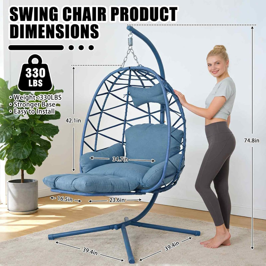 Hanging Egg Chair with Stand & Leg Rest,Rattan Wicker Swing Chair with Cushion,Patio Basket Hanging Chair Wicker Hammock Chair for Indoor Outdoor Bedroom Garden,300LBS (Blue Rattan&Blue Cushion)