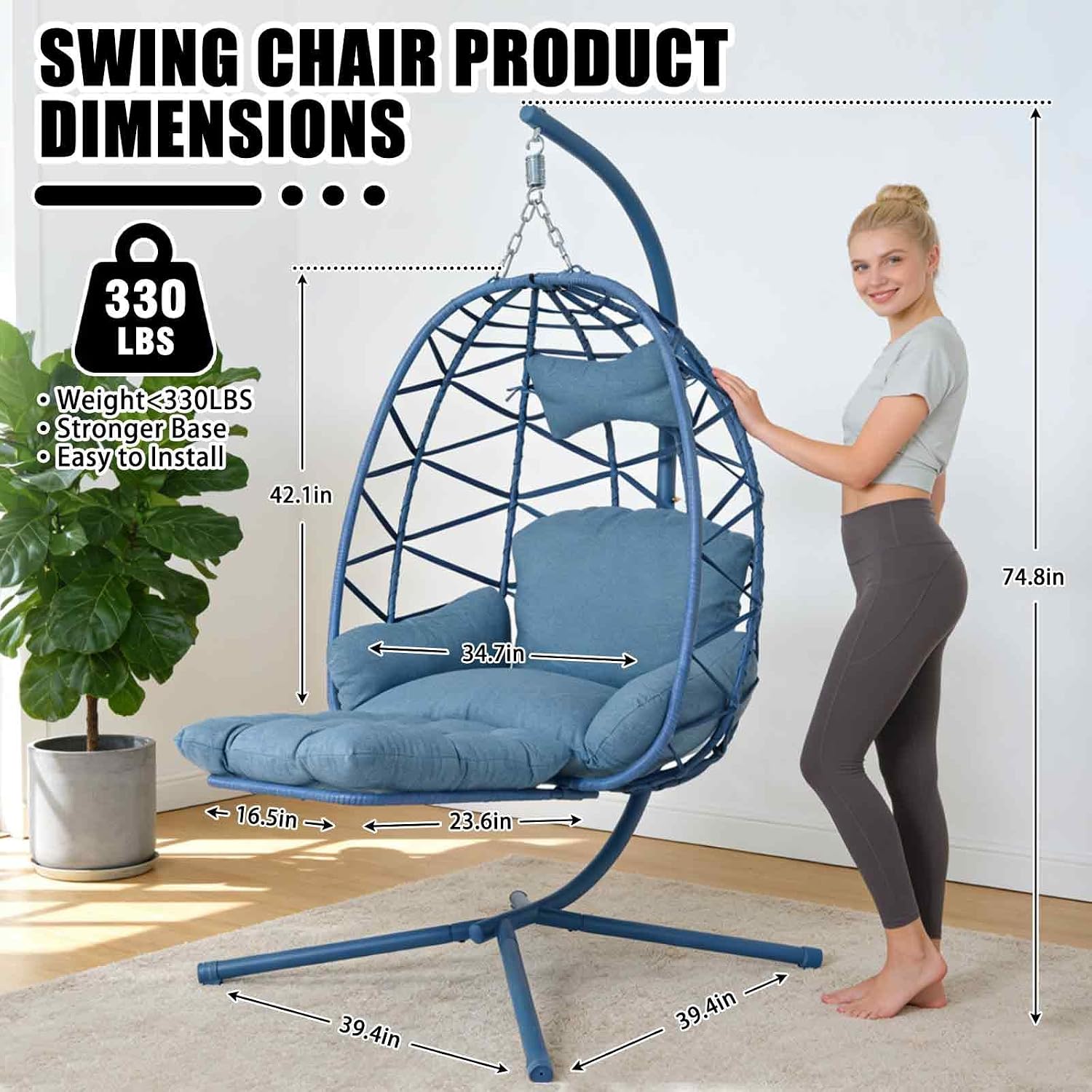 Hanging Egg Chair with Stand & Leg Rest,Rattan Wicker Swing Chair with Cushion,Patio Basket Hanging Chair Wicker Hammock Chair for Indoor Outdoor Bedroom Garden,300LBS (Blue Rattan&Blue Cushion)