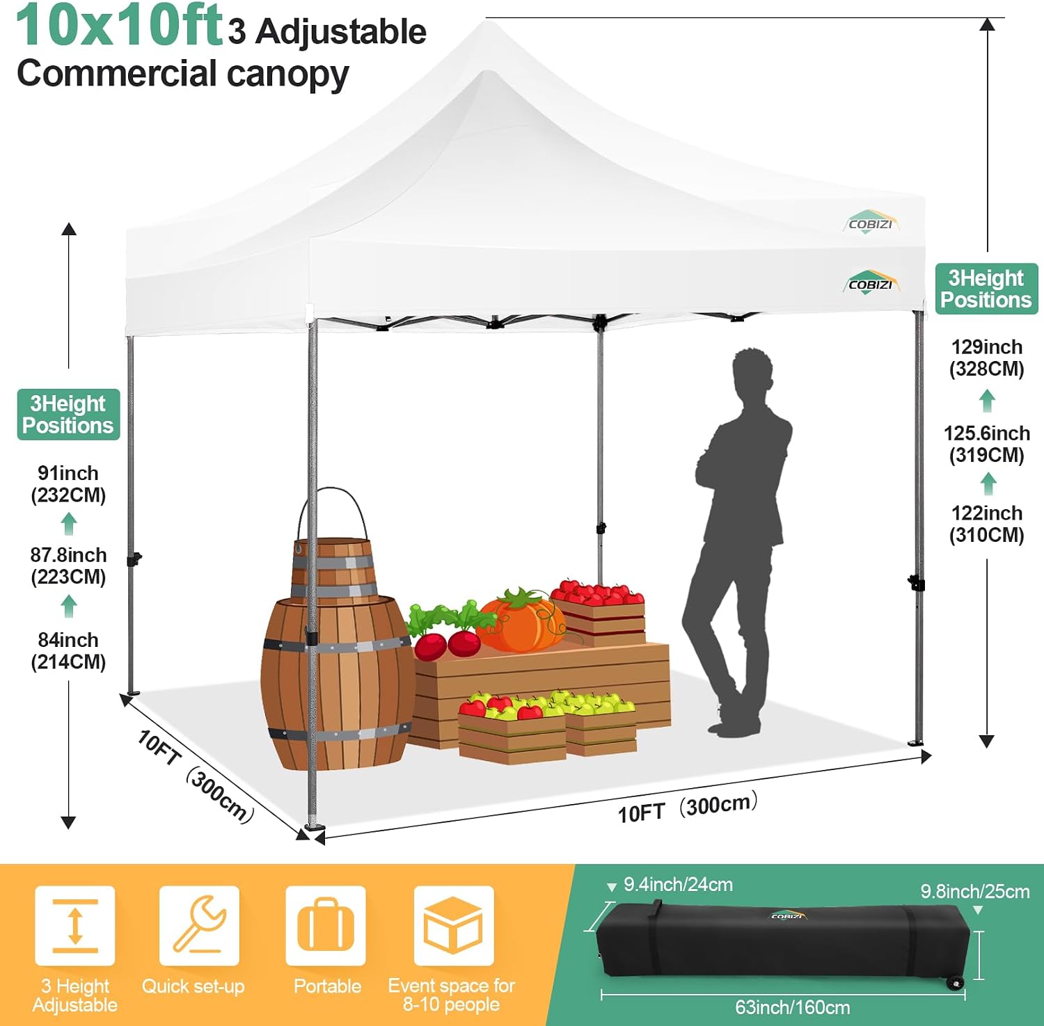 COBIZI 10x10 Pop Up Canopy with Sidewalls Heavy Duty Commercial Tent Easy Up Outdoor Canopy for Party, Wedding, Event and Backyard, All Season Windproof&Waterproof with Roller Bag UPF 50+, White