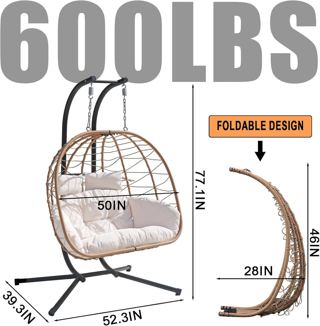 Double Hammock Egg Chair 2 Person Egg Chair Indoor Outdoor Swing with Stand Patio Wicker Hanging Chair Widened and Enlarged for Balcony Bedroom Porch Adults Kids