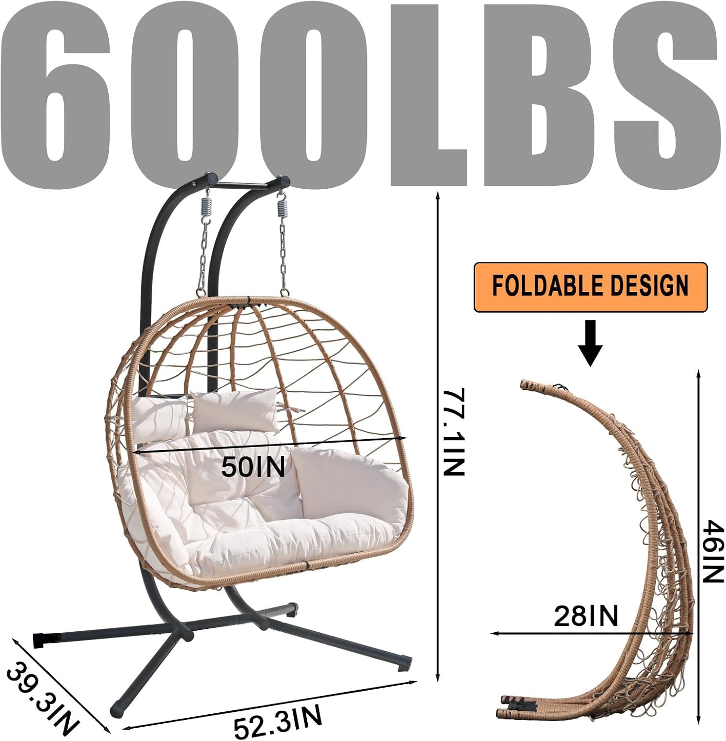 Double Hammock Egg Chair 2 Person Egg Chair Indoor Outdoor Swing with Stand Patio Wicker Hanging Chair Widened and Enlarged for Balcony Bedroom Porch Adults Kids