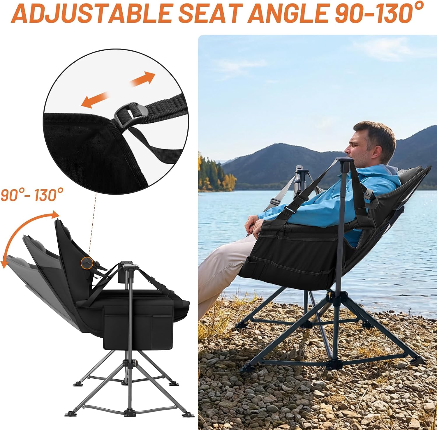 TIMBER RIDGE Hammock Camping Chair with Adjustable Backrest, Heavy Duty Folding Hammock Chair Supports 300lbs, Portable Hammock Chair for Camping, Travelling and Patio, Black 2 Pack