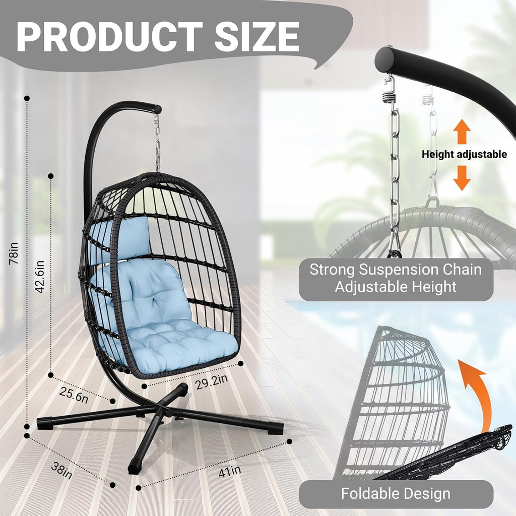 LEVELEVE Egg Chair with Stand,Patio Rattan Wicker Hanging Swing Egg Chair Hammock Chair for Bedroom Porch Garden,Thickened Aluminum Alloy Steel Frame and UV Resistant Cushion,350LBS Capacity