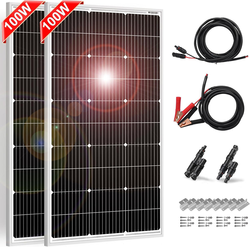DOKIO 200W Solar Panel Kit (2×100W) Monocrystalline with Aluminum Frame and MC4, Mounting Brackets, Clips & 5m Cable for RV, Boat, Roof, Off-Grid (Controller Required)