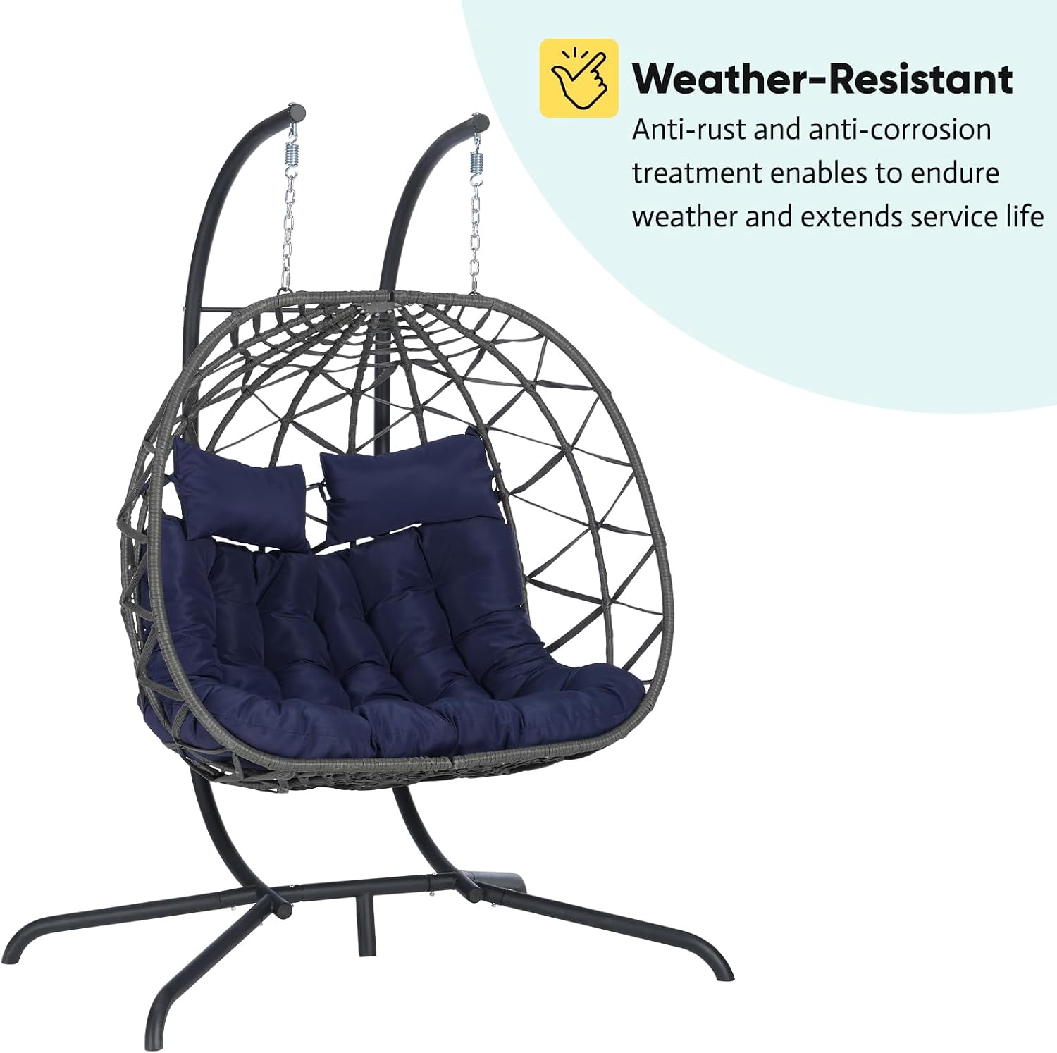 JOYBASE Double Swing Egg Chair with Stand, 2-Person Hanging Egg Chair Wicker Rattan Oversized Swinging Chair for Outdoor Indoor Garden Patio (Dark Blue Cushion and Grey Rattan)