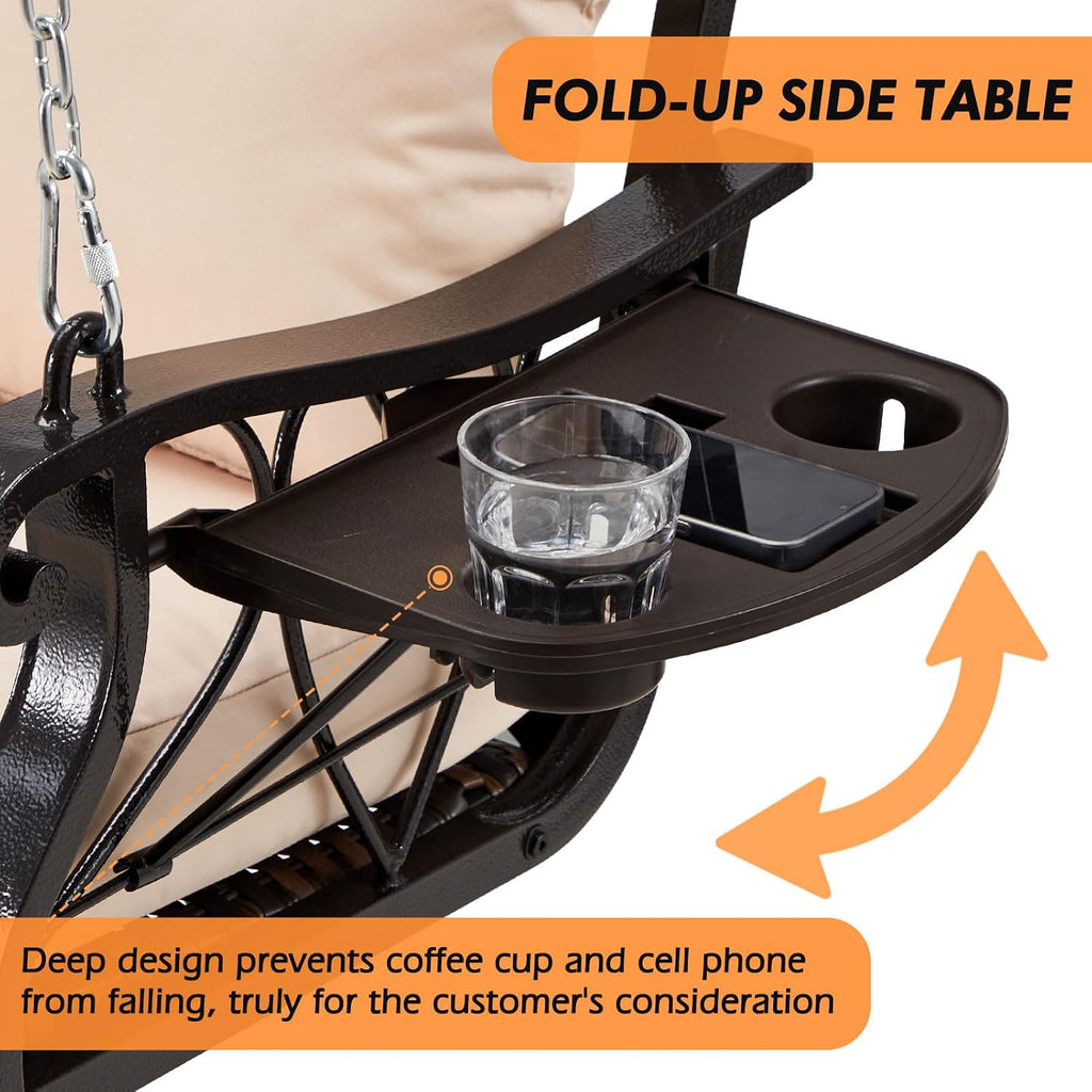 ZZW 3-Person Wicker Porch Swing Chair Heavy Duty 900 LBS Outdoor Rattan Patio Swing Chair w/Cup-Holder & Steel Chains Hanging Bench Porch Swing Cushions for Deck & Backyard & Garden