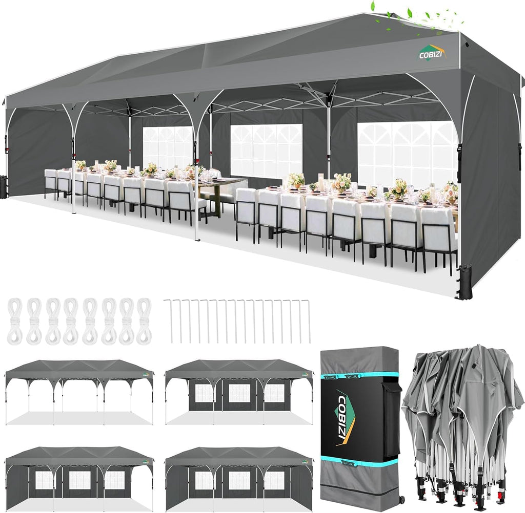 COBIZI 10x30 Pop Up Canopy Tent for Parties with 5 Sidewalls| Push Center Lock & Air Vent| Waterproof & UPF50+ |Gazebo Outdoor Tent for Party,Wedding,BBQ with 4 Sandbags, 8 Stakes & 16 Ropes,Grey