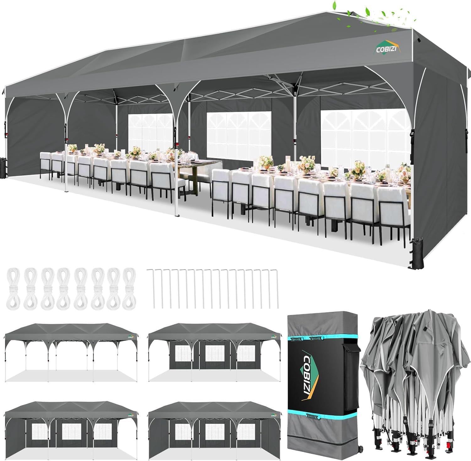 COBIZI 10x30 Pop Up Canopy Tent for Parties with 5 Sidewalls| Push Center Lock & Air Vent| Waterproof & UPF50+ |Gazebo Outdoor Tent for Party,Wedding,BBQ with 4 Sandbags, 8 Stakes & 16 Ropes,Grey