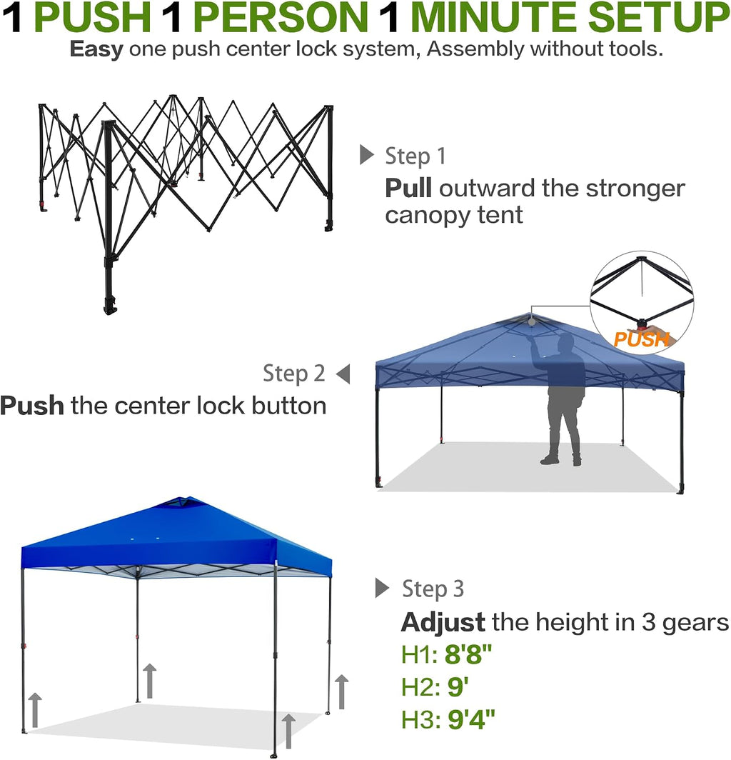 Tunbne 10'x10' Pop Up Canopy Tent with 1 Sidewall and 6 Pockets, One Push Setup, Instant Shade Tent with Vented Roof for Beach Patio Outdoor, Case, 8 Stakes, 4 Ropes, 4 Sandbags (Royal Navy, 10x10)
