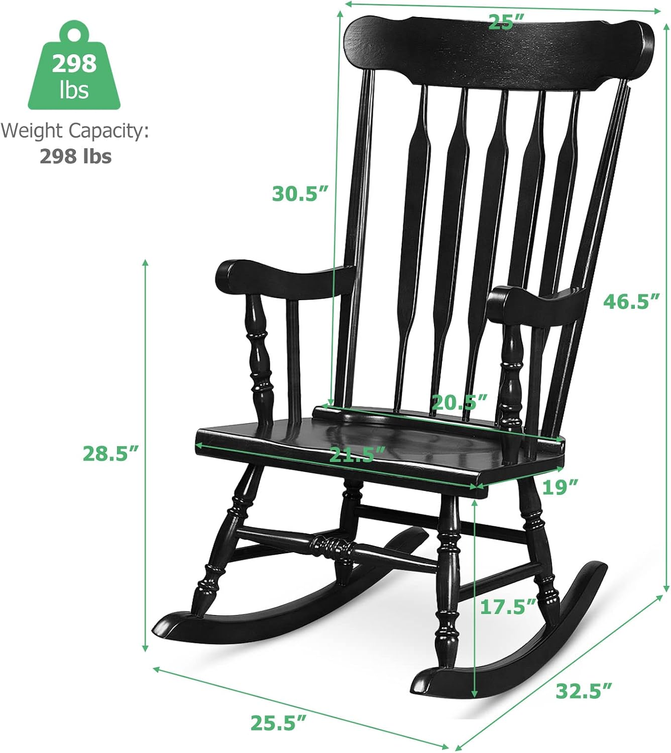 Tangkula Patio Rocking Chair Solid Rubber Wood, Outdoor Porch Rocker Chair with Rubber Wood Frame, Indoor Wooden Rocking Chair, Ideal for Garden, Backyard & Balcony (2, Black)