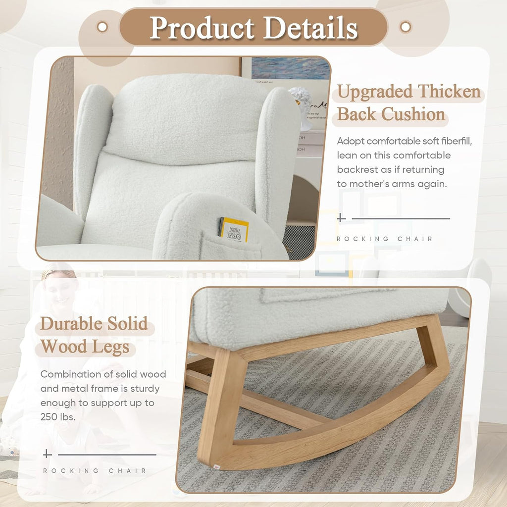 Rocking Glider Chair for Nursery, Wingback Teddy Accent Rocker Chair Upholstered Tall Back Arm Chair w/Side Pockets, Modern Leisure Single Sofa for Living Room, Hotel, Bedroom, Baby Room, Ivory
