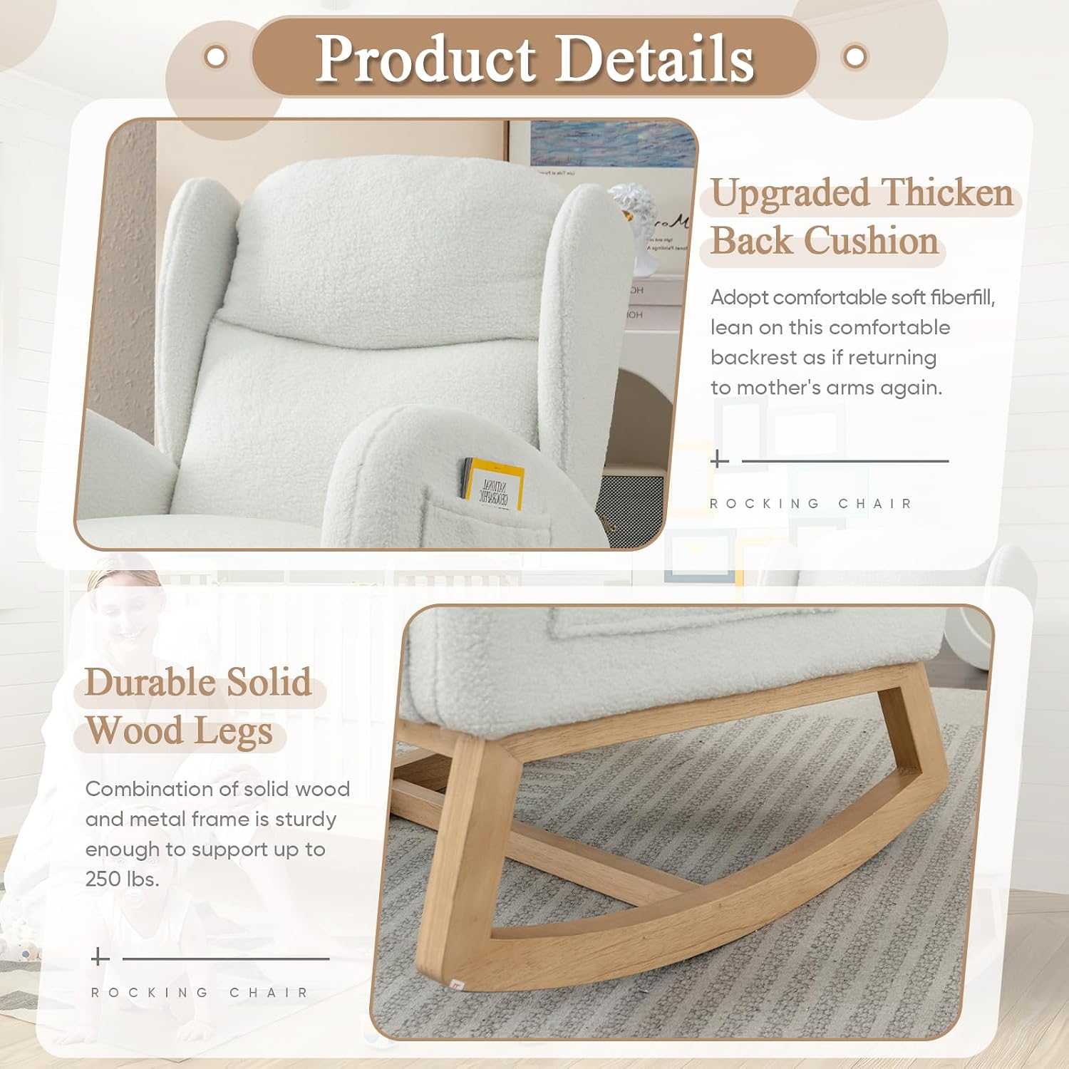 Rocking Glider Chair for Nursery, Wingback Teddy Accent Rocker Chair Upholstered Tall Back Arm Chair w/Side Pockets, Modern Leisure Single Sofa for Living Room, Hotel, Bedroom, Baby Room, Ivory