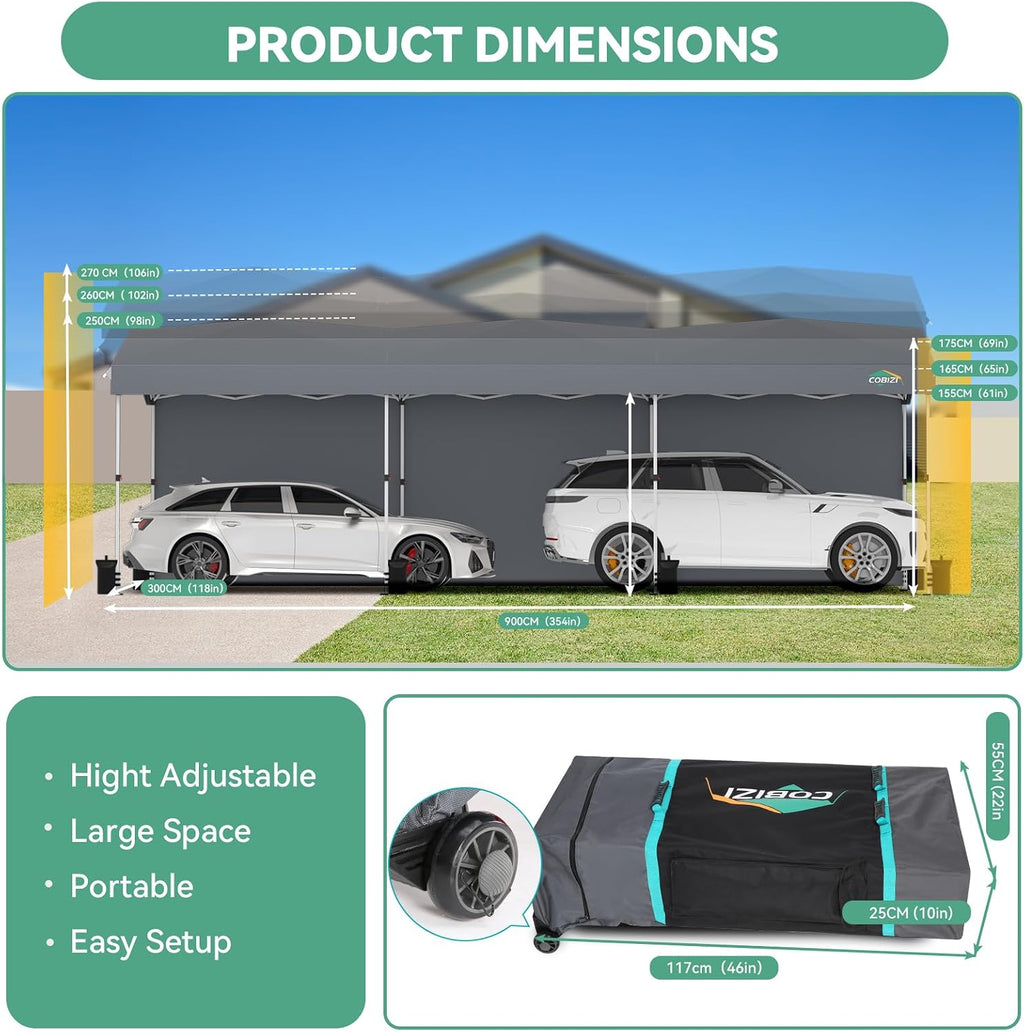 COBIZI 10x30 Pop Up Canopy with One Button Push Center Lock,Ez Up Portable Carport with 3 sidewalls,Waterproof UV50+ Outdoor Party Commercial Carport Canopy Gazebos with Roller Bag(10 x 30 ft Gray)