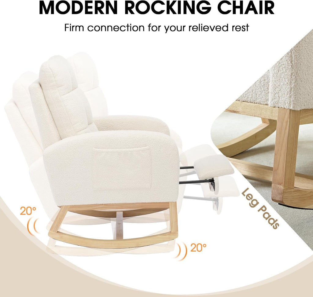 NIOIIKIT Modern Nursery Rocking Chair, Teddy Upholstered Rocking Chair with Footrest, Comfortable Rocker Chair with Side Pocket, Rocker Chair for Living Room, Bedroom, Nursing Room (White)