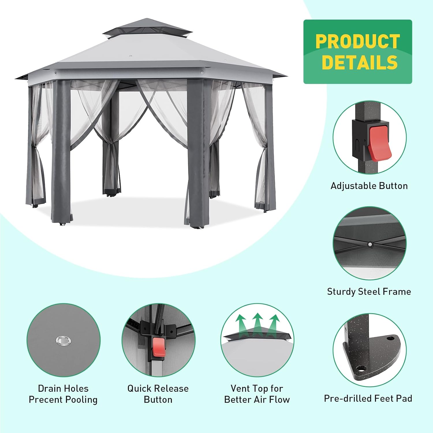 13' x 13' Pop-Up Gazebo Canopy Tent with Zippered Mesh Sidewalls and Carrying Bag, Event Tent Shelter for Patio Garden Backyard, Dark Grey and Light Grey