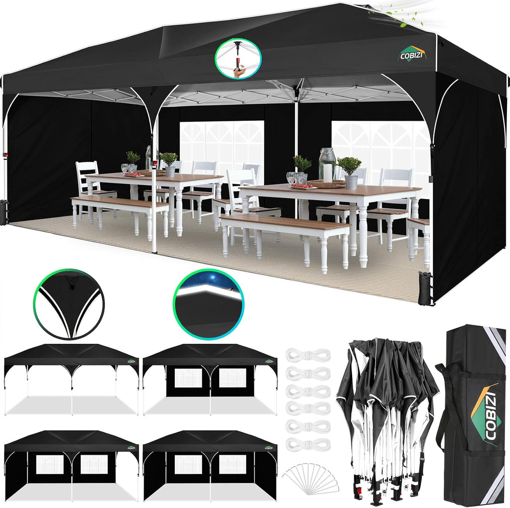 COBIZI 10x20 Pop up Canopy Tent with 4 Sidewalls Outdoor Canopy Tent for Party with Push Center Lock & Air Vent, 2000mm+Waterproof Gazebo Canopy UPF 50+with 4 Sandbags,12 Stakes & 6 Ropes,Black